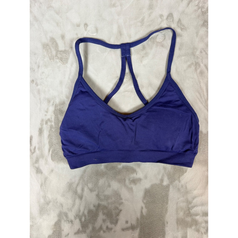 Fabletics Navy/Purple Y-Back Racerback Sports Bra Activewear Ribbed Band Logo